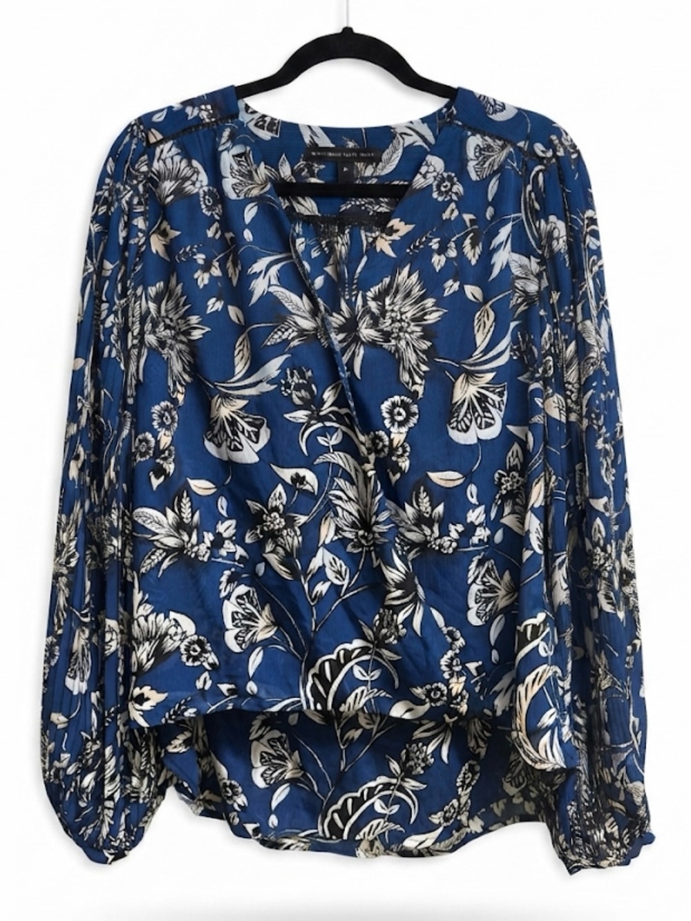 White House Black Market Floral Faux Wrap Blouse Pleated Balloon Sleeves 10